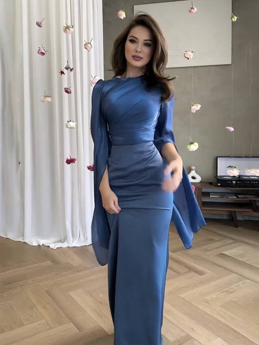 EB | Langes Satin Kleid Enger Runder Ausschnitt Gesplittete Ärmel Lange Ärmel Damen Elegant Abend Ball Prom Zeremonie