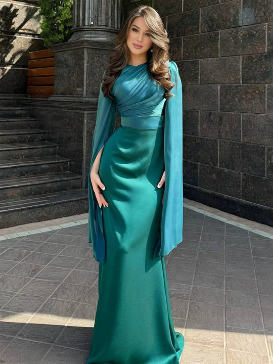 EB | Langes Satin Kleid Enger Runder Ausschnitt Gesplittete Ärmel Lange Ärmel Damen Elegant Abend Ball Prom Zeremonie