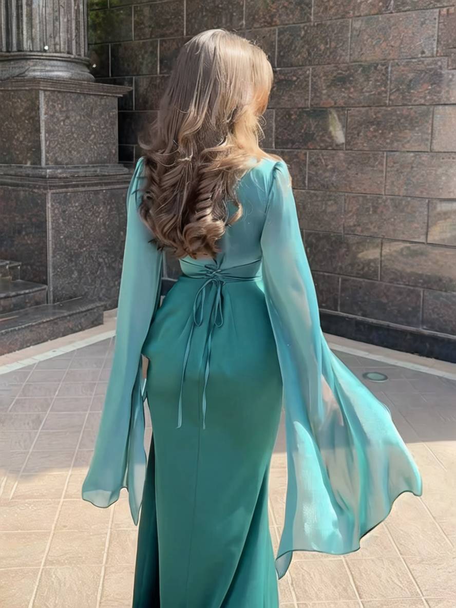 EB | Langes Satin Kleid Enger Runder Ausschnitt Gesplittete Ärmel Lange Ärmel Damen Elegant Abend Ball Prom Zeremonie
