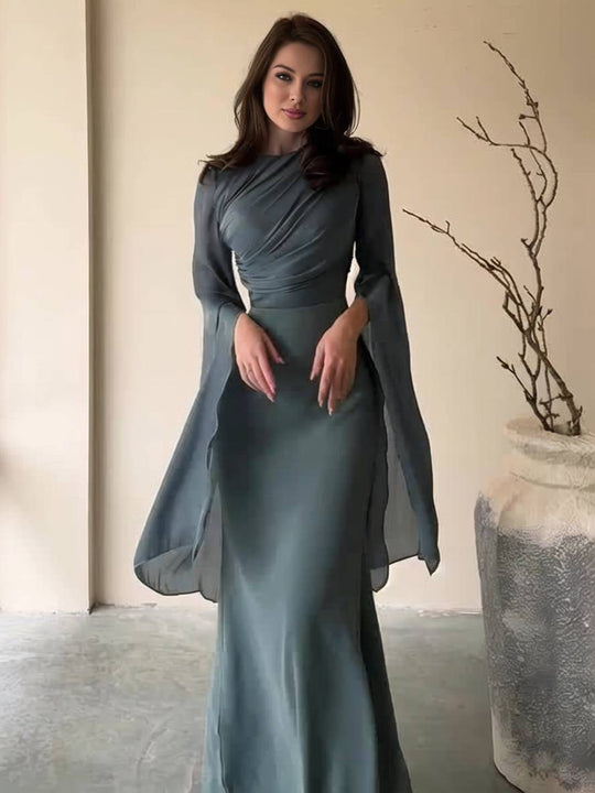 EB | Langes Satin Kleid Enger Runder Ausschnitt Gesplittete Ärmel Lange Ärmel Damen Elegant Abend Ball Prom Zeremonie