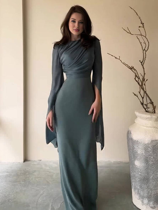 EB | Langes Satin Kleid Enger Runder Ausschnitt Gesplittete Ärmel Lange Ärmel Damen Elegant Abend Ball Prom Zeremonie