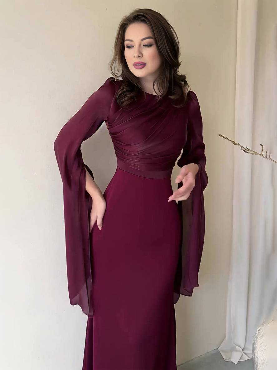 EB | Langes Satin Kleid Enger Runder Ausschnitt Gesplittete Ärmel Lange Ärmel Damen Elegant Abend Ball Prom Zeremonie