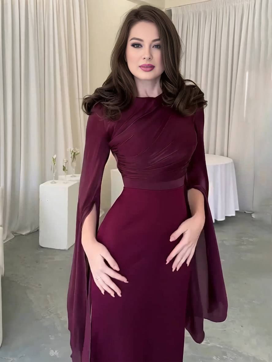 EB | Langes Satin Kleid Enger Runder Ausschnitt Gesplittete Ärmel Lange Ärmel Damen Elegant Abend Ball Prom Zeremonie