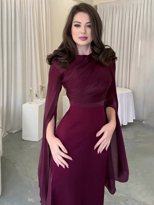 EB | Langes Satin Kleid Enger Runder Ausschnitt Gesplittete Ärmel Lange Ärmel Damen Elegant Abend Ball Prom Zeremonie