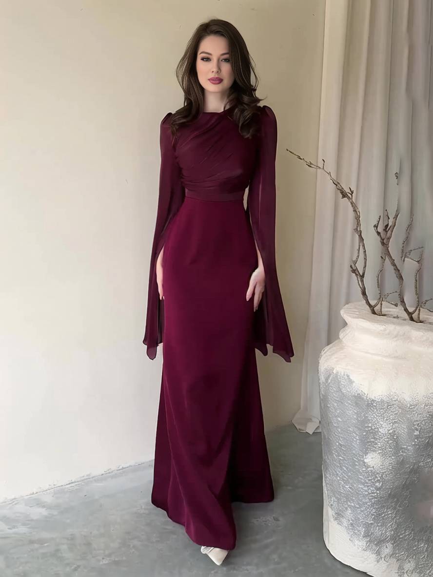 EB | Langes Satin Kleid Enger Runder Ausschnitt Gesplittete Ärmel Lange Ärmel Damen Elegant Abend Ball Prom Zeremonie
