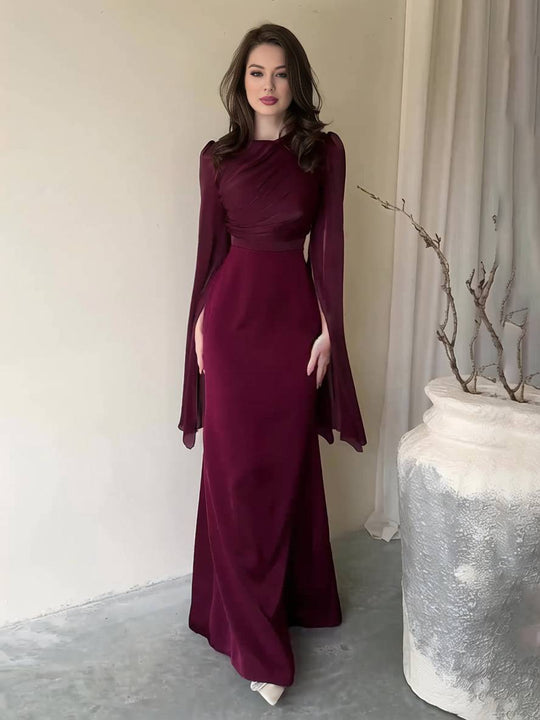 EB | Langes Satin Kleid Enger Runder Ausschnitt Gesplittete Ärmel Lange Ärmel Damen Elegant Abend Ball Prom Zeremonie