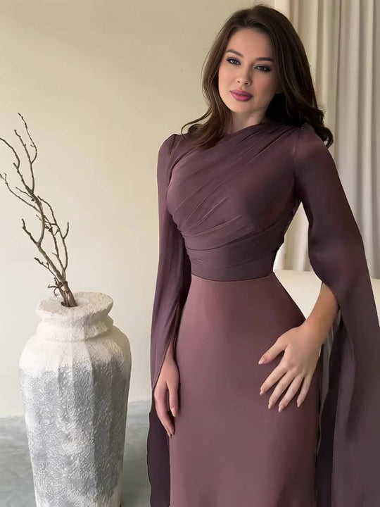 EB | Langes Satin Kleid Enger Runder Ausschnitt Gesplittete Ärmel Lange Ärmel Damen Elegant Abend Ball Prom Zeremonie