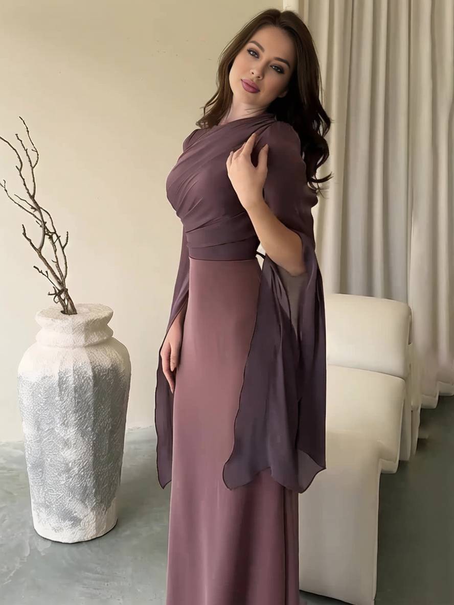EB | Langes Satin Kleid Enger Runder Ausschnitt Gesplittete Ärmel Lange Ärmel Damen Elegant Abend Ball Prom Zeremonie