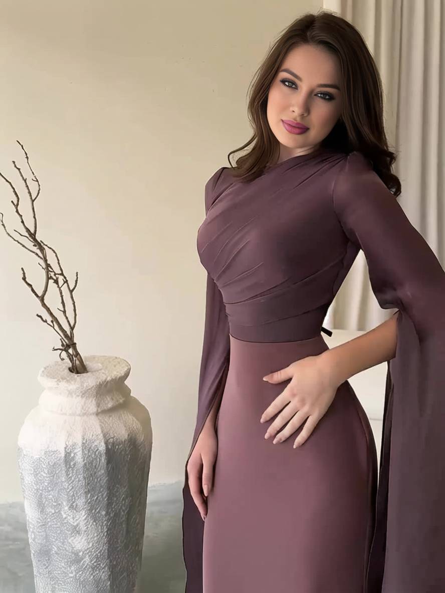 EB | Langes Satin Kleid Enger Runder Ausschnitt Gesplittete Ärmel Lange Ärmel Damen Elegant Abend Ball Prom Zeremonie