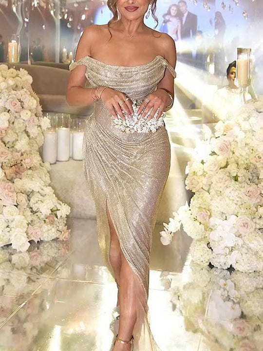 EB | Langes Kleid Glänzende Pailletten Boot-Ausschnitt Unregelmäßiger Schlitz Seitlich Ärmellos Elegant Abend für Hochzeit