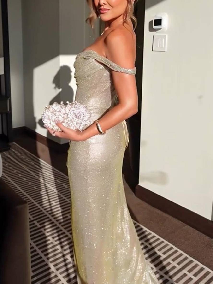 EB | Langes Kleid Glänzende Pailletten Boot-Ausschnitt Unregelmäßiger Schlitz Seitlich Ärmellos Elegant Abend für Hochzeit