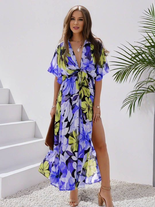 EB | Langes Bohemian Kleid mit Blumenmuster V-Ausschnitt Schlitz Ärmel Bis Zum Ellenbogen Damen Boho Casual Weit Hawaiiansches Strandkleid