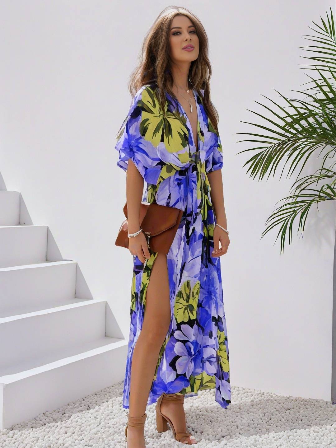 EB | Langes Bohemian Kleid mit Blumenmuster V-Ausschnitt Schlitz Ärmel Bis Zum Ellenbogen Damen Boho Casual Weit Hawaiiansches Strandkleid
