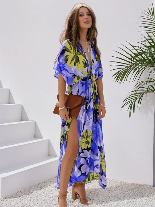 EB | Langes Bohemian Kleid mit Blumenmuster V-Ausschnitt Schlitz Ärmel Bis Zum Ellenbogen Damen Boho Casual Weit Hawaiiansches Strandkleid