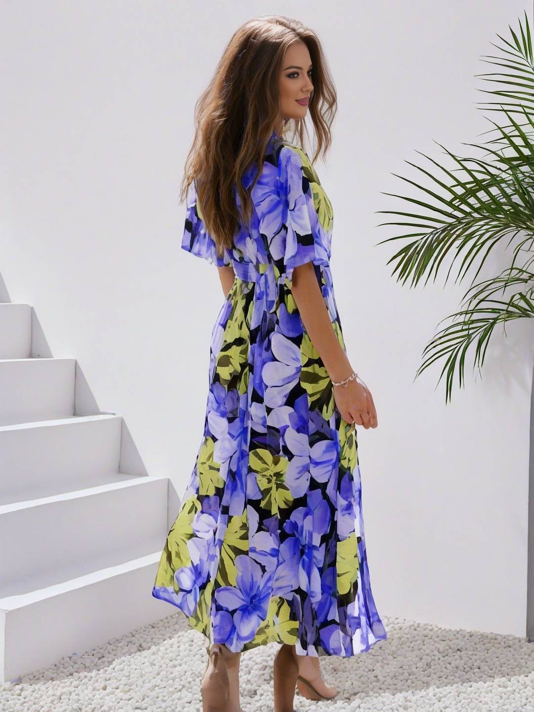EB | Langes Bohemian Kleid mit Blumenmuster V-Ausschnitt Schlitz Ärmel Bis Zum Ellenbogen Damen Boho Casual Weit Hawaiiansches Strandkleid