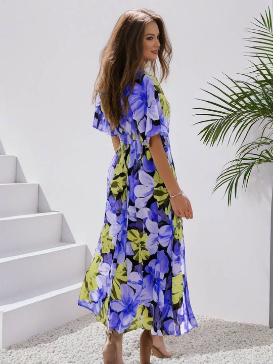 EB | Langes Bohemian Kleid mit Blumenmuster V-Ausschnitt Schlitz Ärmel Bis Zum Ellenbogen Damen Boho Casual Weit Hawaiiansches Strandkleid
