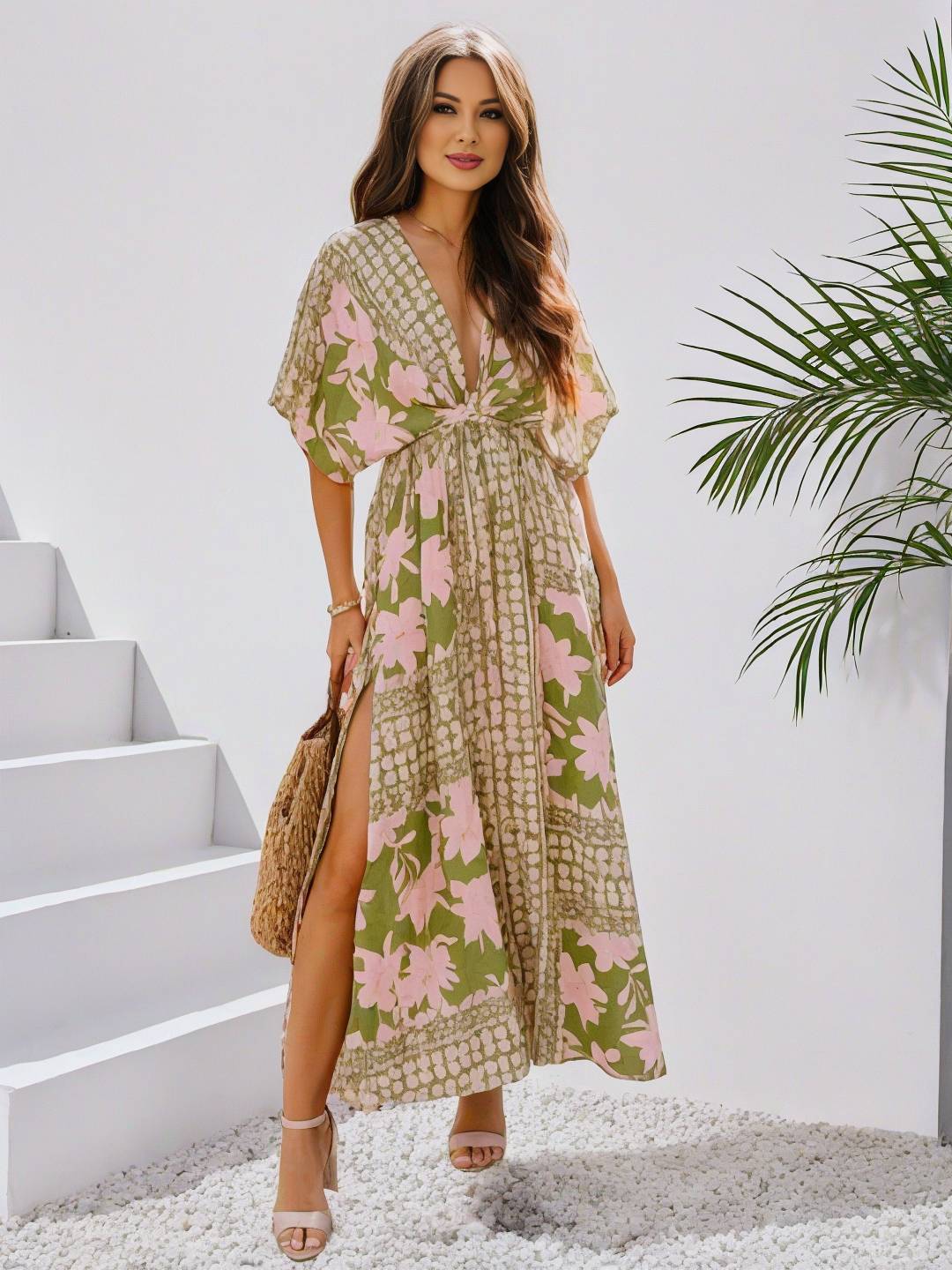 EB | Langes Bohemian Kleid mit Blumenmuster V-Ausschnitt Schlitz Ärmel Bis Zum Ellenbogen Damen Boho Casual Weit Hawaiiansches Strandkleid
