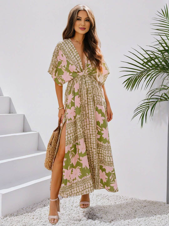 EB | Langes Bohemian Kleid mit Blumenmuster V-Ausschnitt Schlitz Ärmel Bis Zum Ellenbogen Damen Boho Casual Weit Hawaiiansches Strandkleid