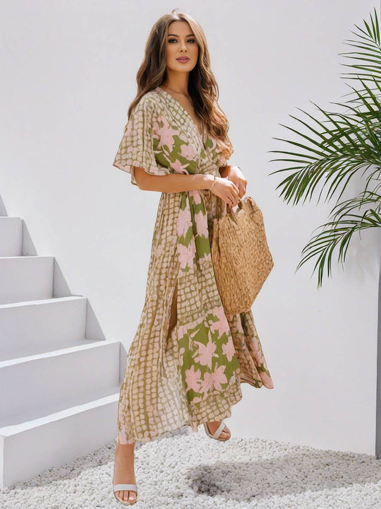 EB | Langes Bohemian Kleid mit Blumenmuster V-Ausschnitt Schlitz Ärmel Bis Zum Ellenbogen Damen Boho Casual Weit Hawaiiansches Strandkleid