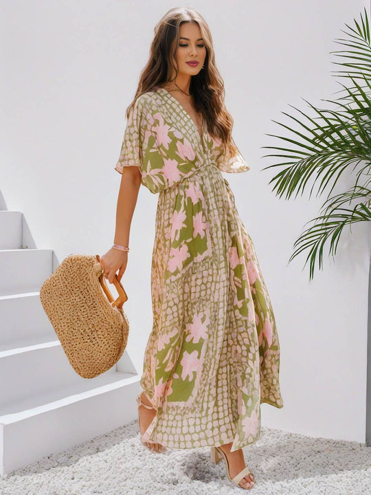 EB | Langes Bohemian Kleid mit Blumenmuster V-Ausschnitt Schlitz Ärmel Bis Zum Ellenbogen Damen Boho Casual Weit Hawaiiansches Strandkleid