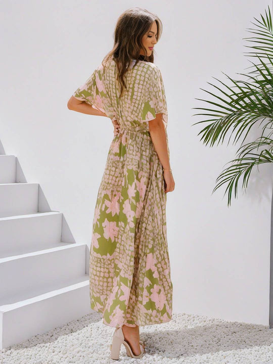 EB | Langes Bohemian Kleid mit Blumenmuster V-Ausschnitt Schlitz Ärmel Bis Zum Ellenbogen Damen Boho Casual Weit Hawaiiansches Strandkleid