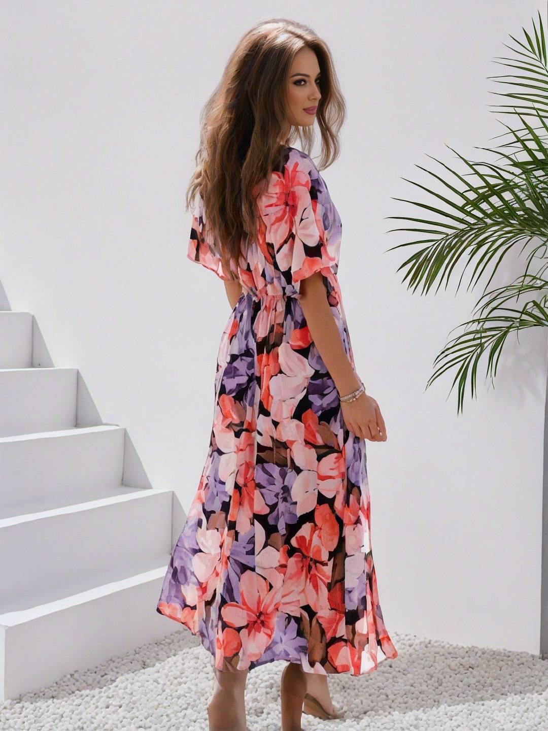 EB | Langes Bohemian Kleid mit Blumenmuster V-Ausschnitt Schlitz Ärmel Bis Zum Ellenbogen Damen Boho Casual Weit Hawaiiansches Strandkleid