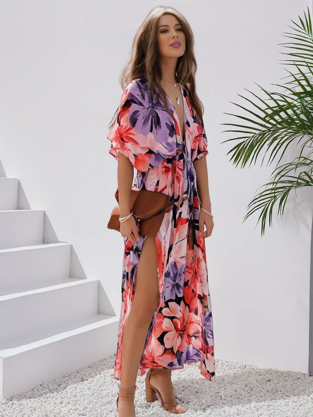 EB | Langes Bohemian Kleid mit Blumenmuster V-Ausschnitt Schlitz Ärmel Bis Zum Ellenbogen Damen Boho Casual Weit Hawaiiansches Strandkleid