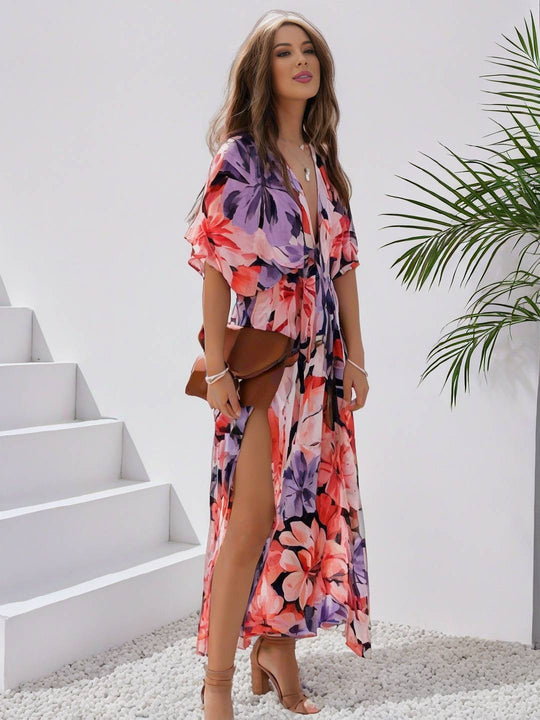 EB | Langes Bohemian Kleid mit Blumenmuster V-Ausschnitt Schlitz Ärmel Bis Zum Ellenbogen Damen Boho Casual Weit Hawaiiansches Strandkleid