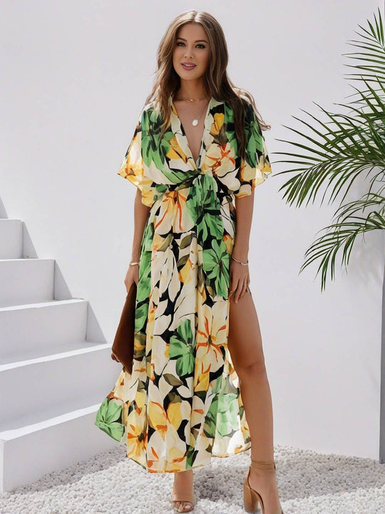 EB | Langes Bohemian Kleid mit Blumenmuster V-Ausschnitt Schlitz Ärmel Bis Zum Ellenbogen Damen Boho Casual Weit Hawaiiansches Strandkleid