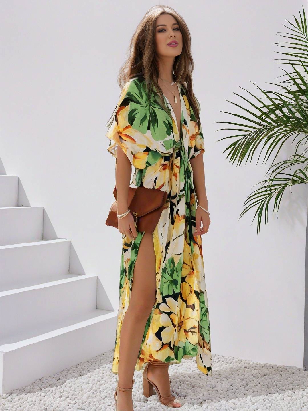 EB | Langes Bohemian Kleid mit Blumenmuster V-Ausschnitt Schlitz Ärmel Bis Zum Ellenbogen Damen Boho Casual Weit Hawaiiansches Strandkleid