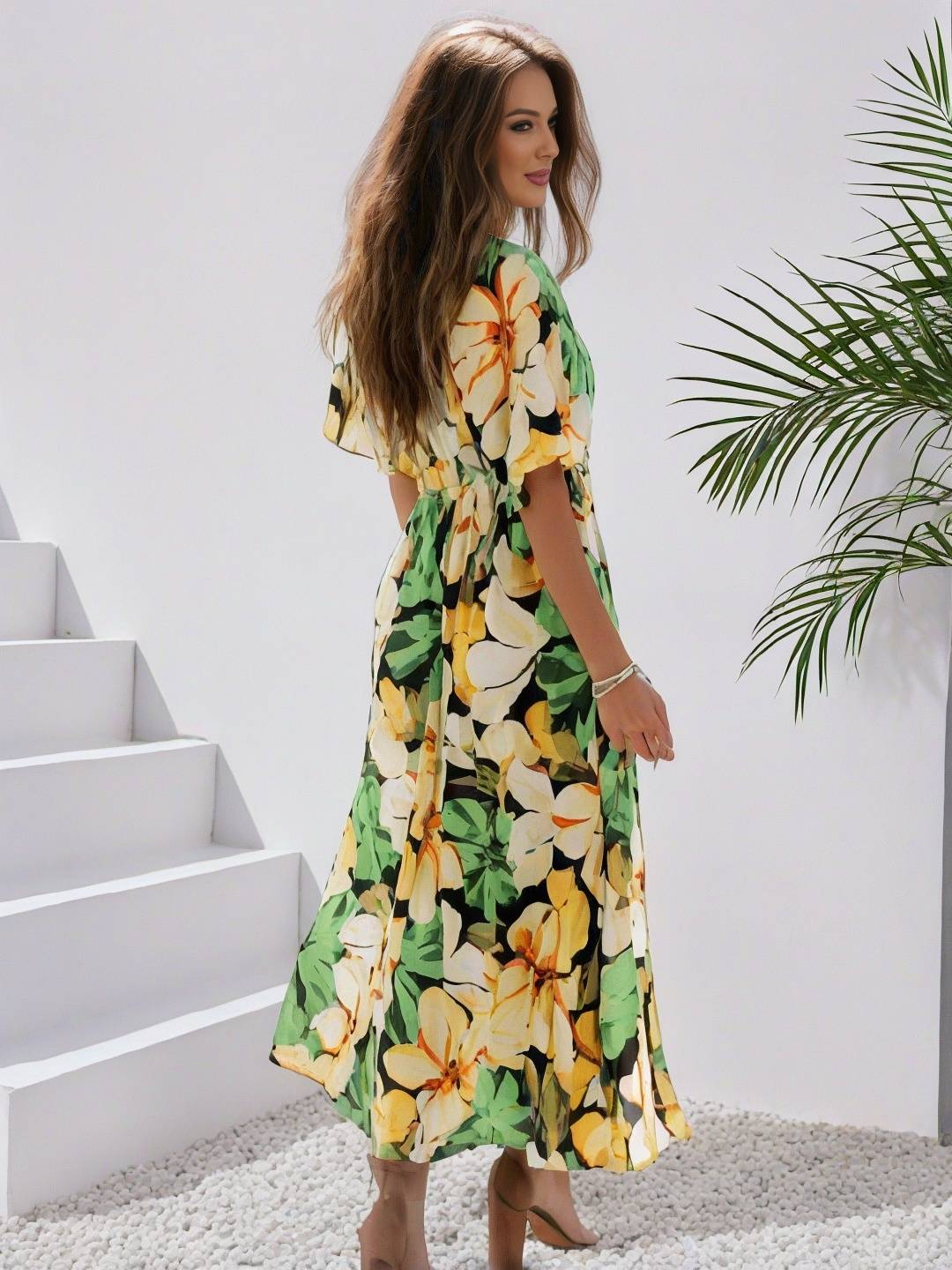 EB | Langes Bohemian Kleid mit Blumenmuster V-Ausschnitt Schlitz Ärmel Bis Zum Ellenbogen Damen Boho Casual Weit Hawaiiansches Strandkleid