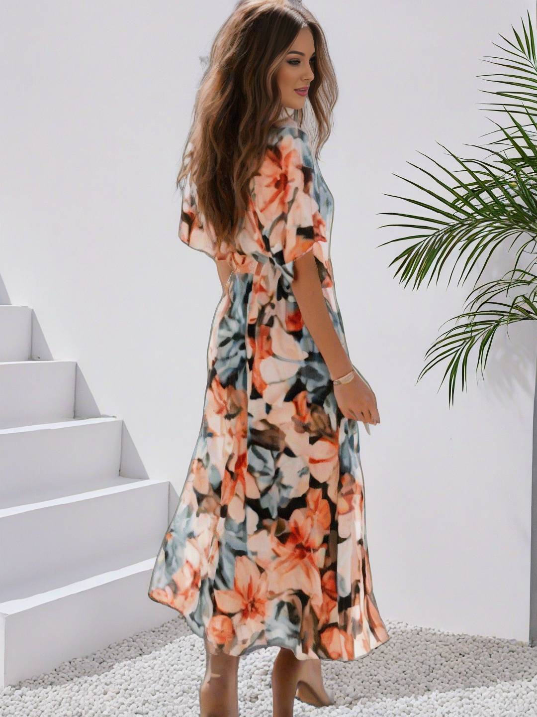EB | Langes Bohemian Kleid mit Blumenmuster V-Ausschnitt Schlitz Ärmel Bis Zum Ellenbogen Damen Boho Casual Weit Hawaiiansches Strandkleid