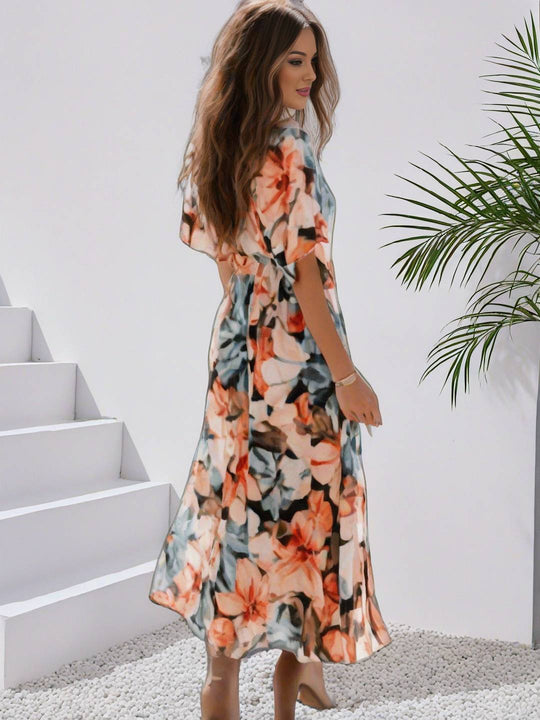 EB | Langes Bohemian Kleid mit Blumenmuster V-Ausschnitt Schlitz Ärmel Bis Zum Ellenbogen Damen Boho Casual Weit Hawaiiansches Strandkleid