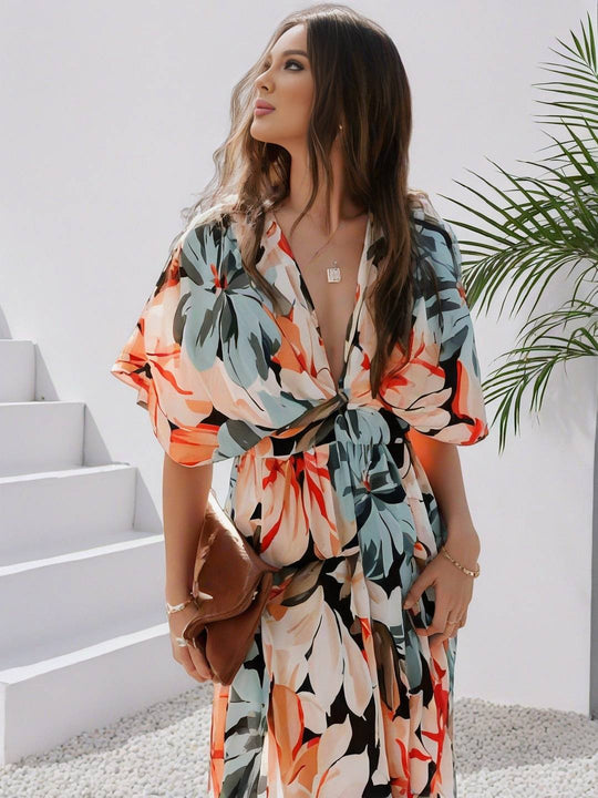EB | Langes Bohemian Kleid mit Blumenmuster V-Ausschnitt Schlitz Ärmel Bis Zum Ellenbogen Damen Boho Casual Weit Hawaiiansches Strandkleid