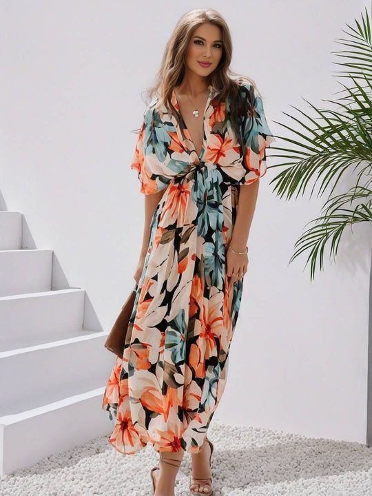 EB | Langes Bohemian Kleid mit Blumenmuster V-Ausschnitt Schlitz Ärmel Bis Zum Ellenbogen Damen Boho Casual Weit Hawaiiansches Strandkleid