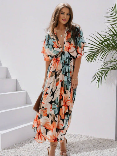 EB | Langes Bohemian Kleid mit Blumenmuster V-Ausschnitt Schlitz Ärmel Bis Zum Ellenbogen Damen Boho Casual Weit Hawaiiansches Strandkleid