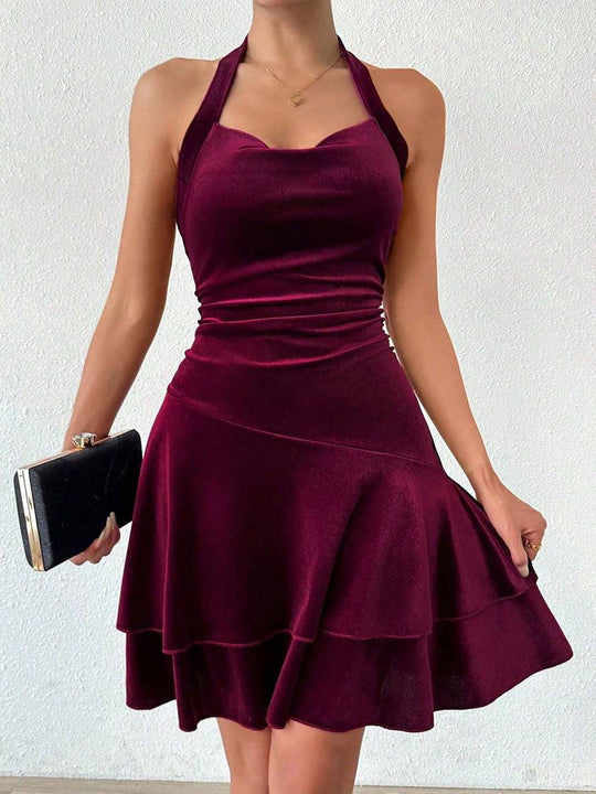 EB | Kurz Enges Trapezkleid Neckholder Rückenausschnitt mit Volant Ärmellos Elegante Damen Abschlussball Cocktailkleid