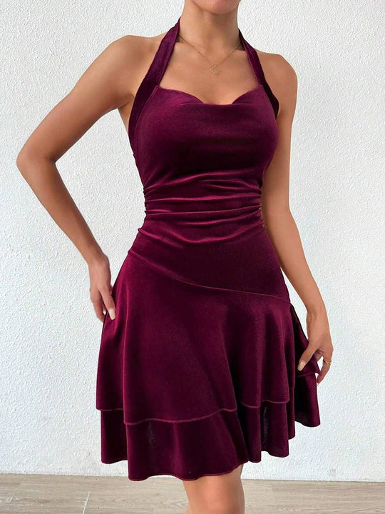 EB | Kurz Enges Trapezkleid Neckholder Rückenausschnitt mit Volant Ärmellos Elegante Damen Abschlussball Cocktailkleid