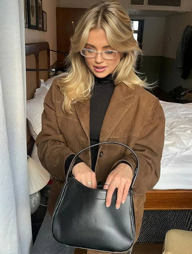 EB | Blazer Wildleder Knopf Taschen Lange Ärmel Damen Elegant Vintage Lässig Wildlederjacke