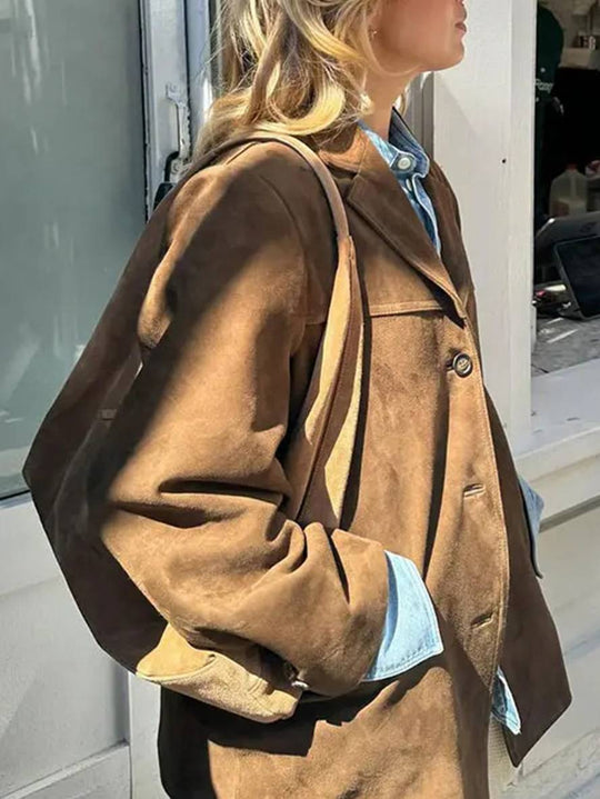 EB | Blazer Wildleder Knopf Taschen Lange Ärmel Damen Elegant Vintage Lässig Wildlederjacke