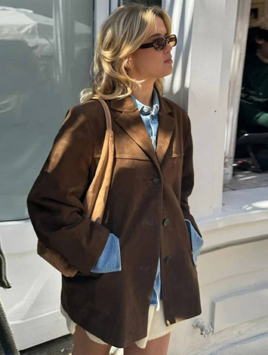 EB | Blazer Wildleder Knopf Taschen Lange Ärmel Damen Elegant Vintage Lässig Wildlederjacke