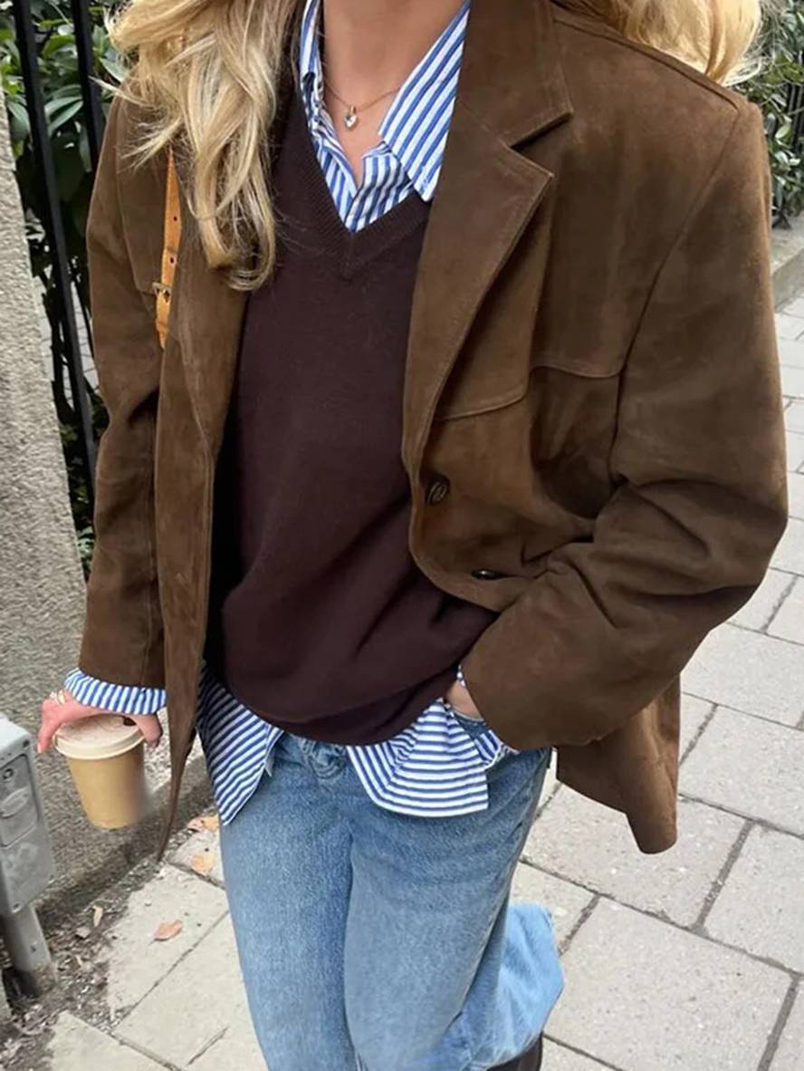 EB | Blazer Wildleder Knopf Taschen Lange Ärmel Damen Elegant Vintage Lässig Wildlederjacke