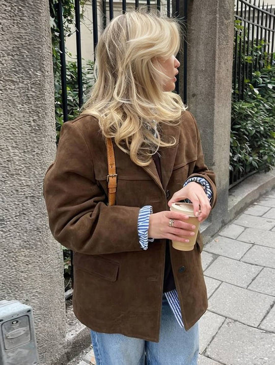 EB | Blazer Wildleder Knopf Taschen Lange Ärmel Damen Elegant Vintage Lässig Wildlederjacke