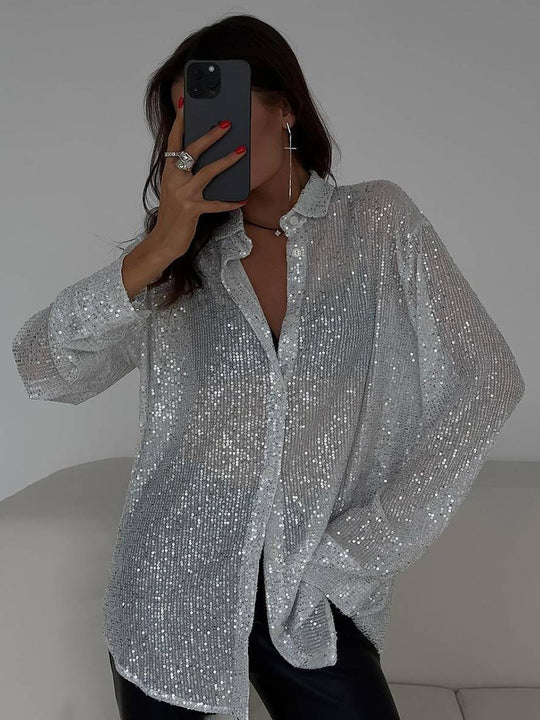 EB | Bluse Brillante Pailletten Hemd Kragen Hemd Lange Ärmel Damen Elegant Lässig Oversized