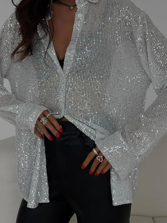 EB | Bluse Brillante Pailletten Hemd Kragen Hemd Lange Ärmel Damen Elegant Lässig Oversized