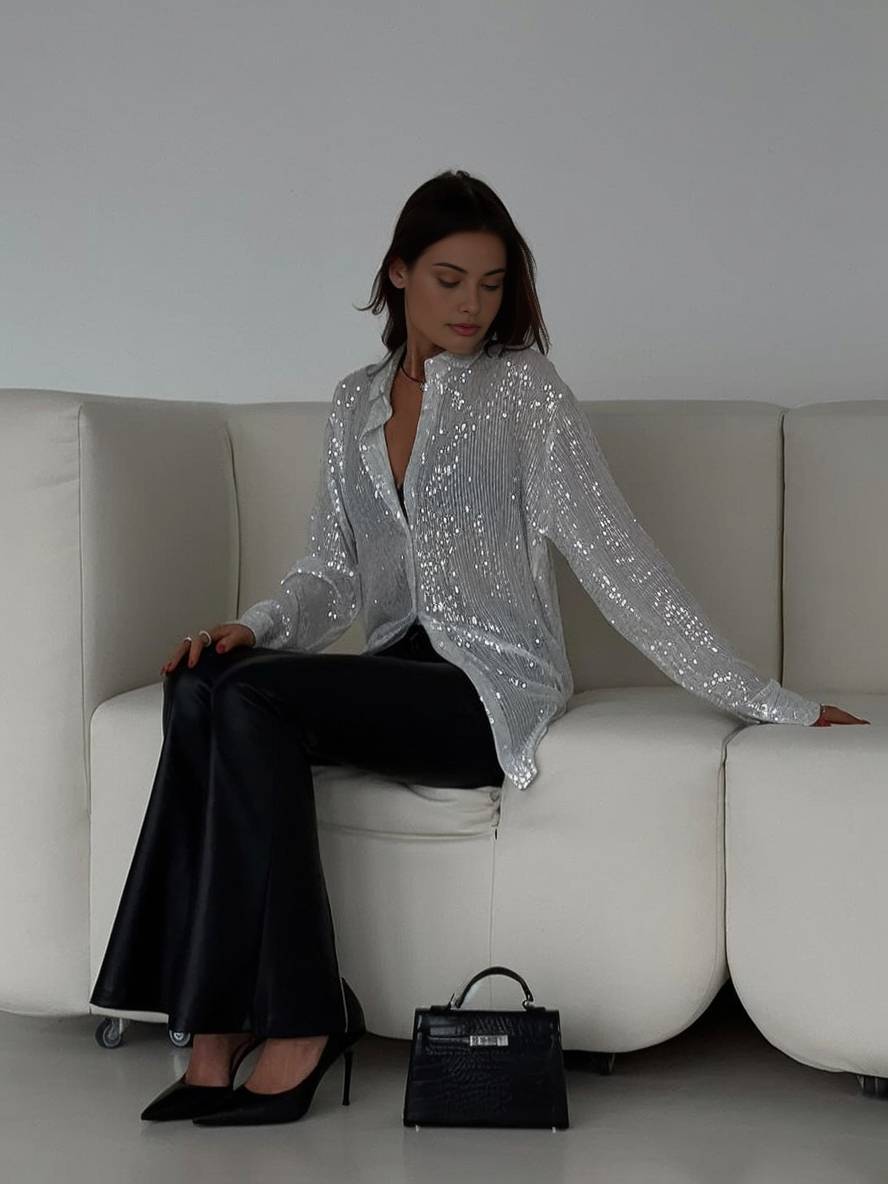 EB | Bluse Brillante Pailletten Hemd Kragen Hemd Lange Ärmel Damen Elegant Lässig Oversized