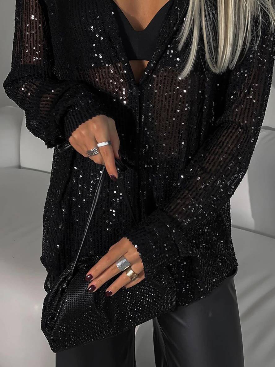 EB | Bluse Brillante Pailletten Hemd Kragen Hemd Lange Ärmel Damen Elegant Lässig Oversized