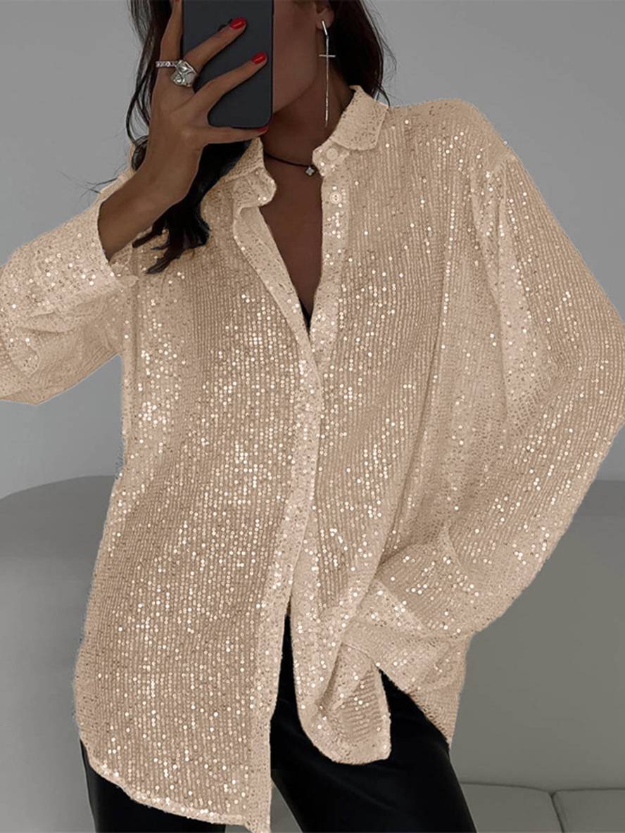 EB | Bluse Brillante Pailletten Hemd Kragen Hemd Lange Ärmel Damen Elegant Lässig Oversized