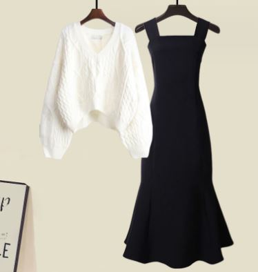 EB | Zweiteiliges Satz Aus Hochwertigem Kreuzstrickpullover und Fishtail Kleid