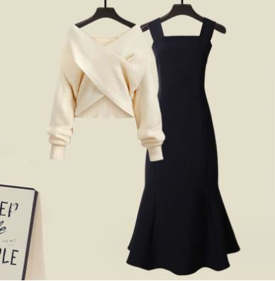 EB | Zweiteiliges Satz Aus Hochwertigem Kreuzstrickpullover und Fishtail Kleid